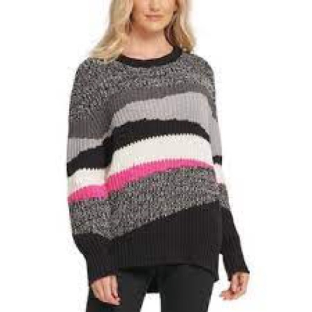 NWT DKNY Block Gray/Blk/ Wht Round Neck Long Sleeve Sweater Small